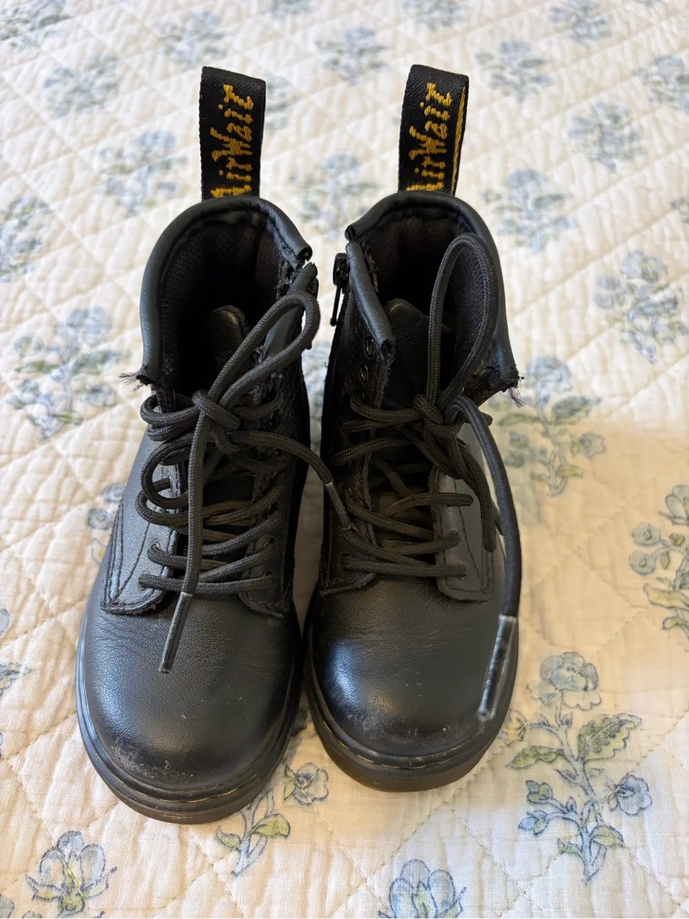 Dr. Martens Black Leather Lace-Up Boots with Yellow Pull Loop